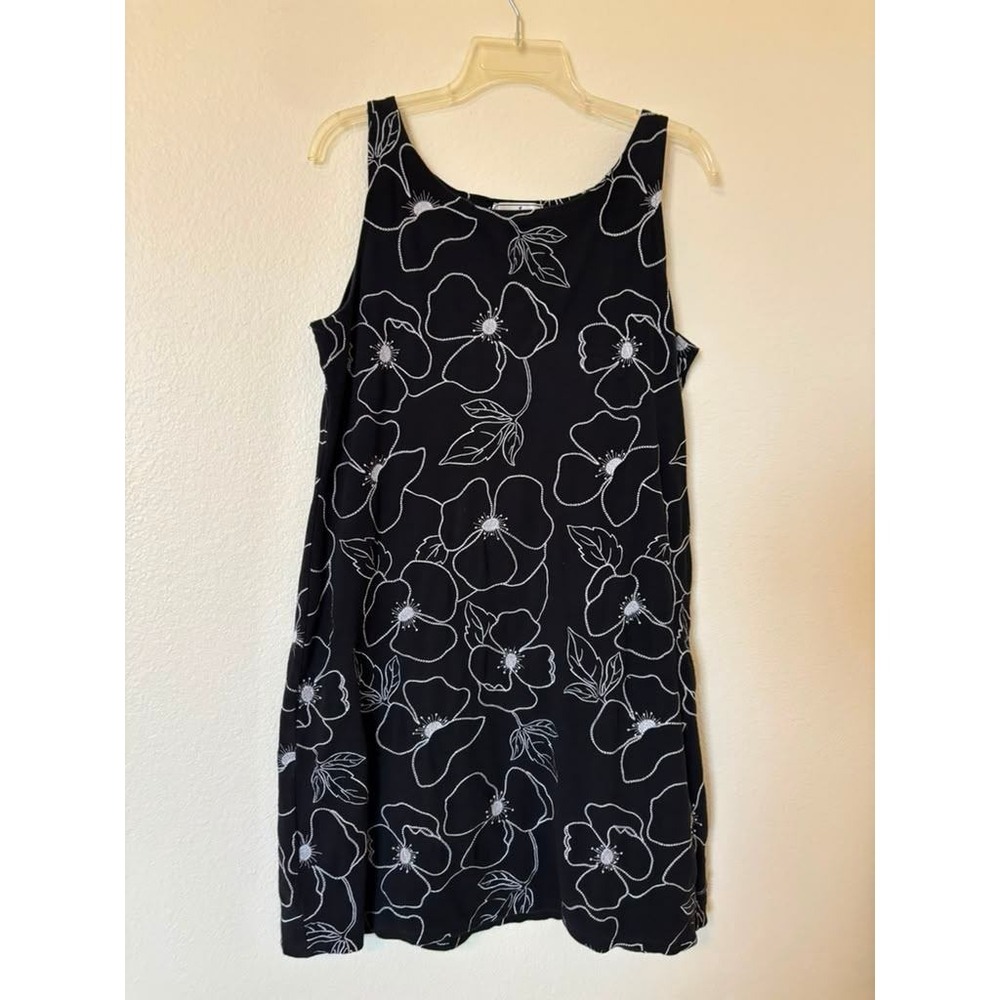 Mia Nola Black Floral Embroidered Sleeveless Shift Dress Large Cotton Stretch